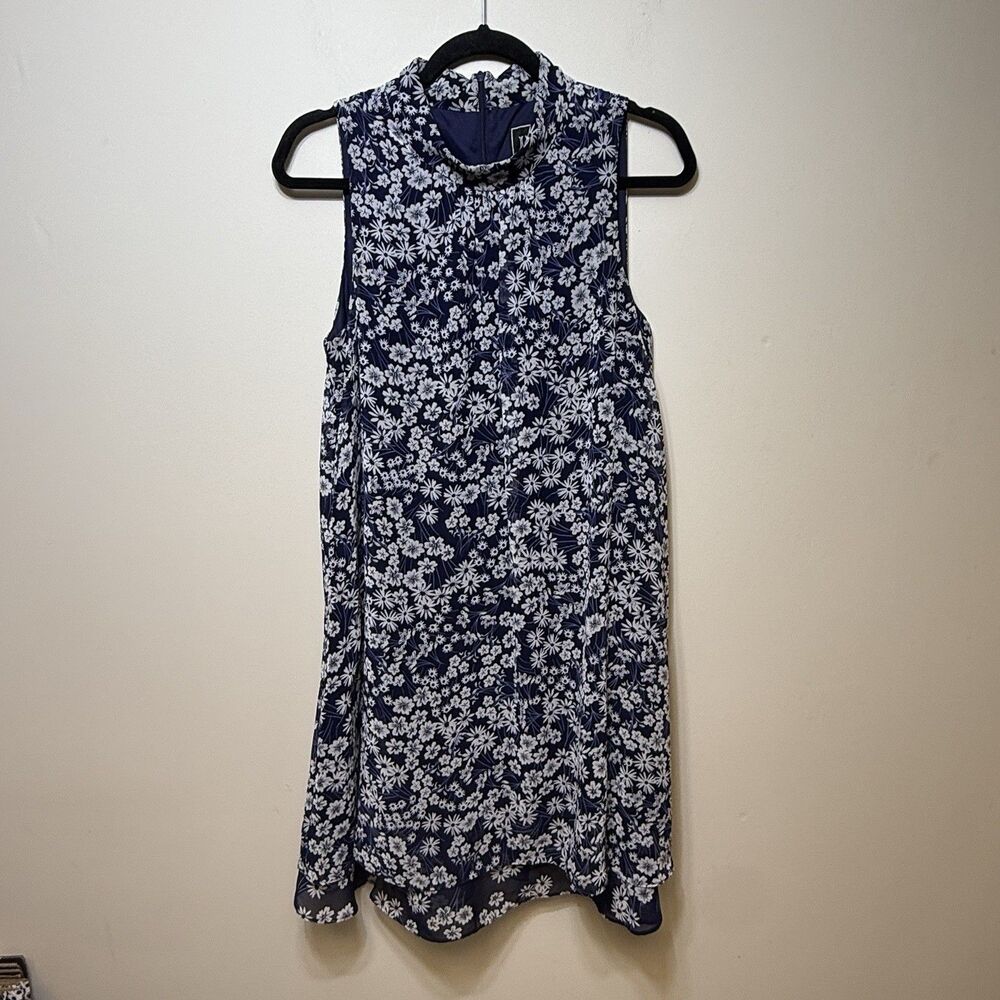 JH Collectibles Blue White Floral Sleeveless High Neck Shift Dress A-line Sz 10 - Picture 2 of 6